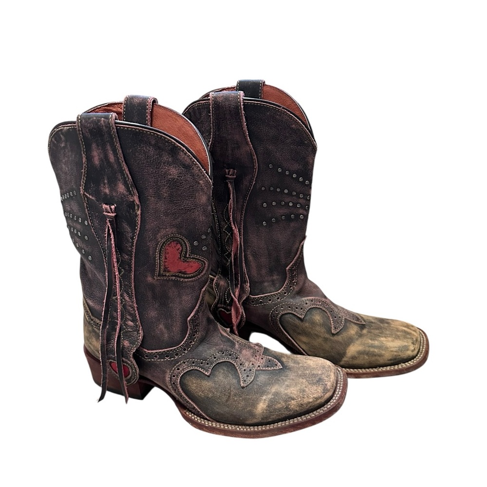 Dan Post Distressed Brown & Red Heart Western Ankle Boots